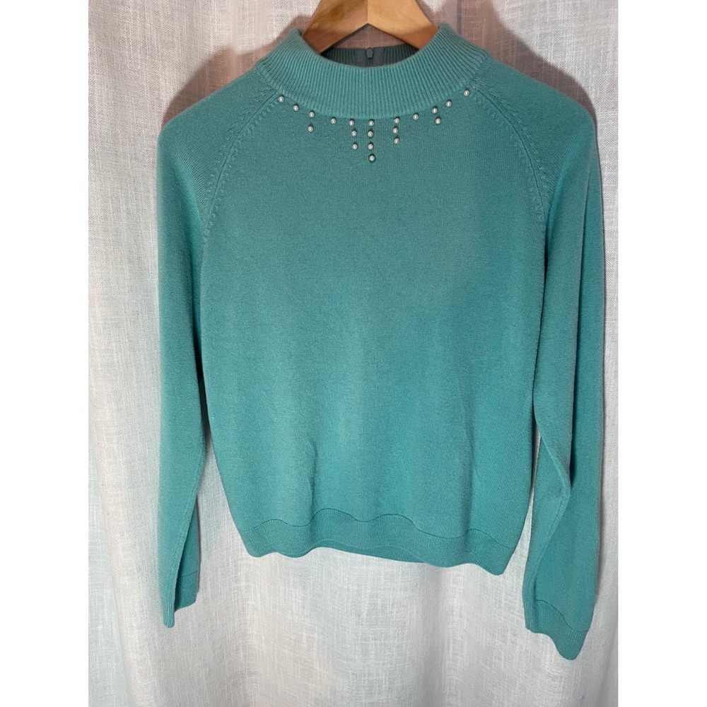Vintage Crystal Kobe Sweater Pearl Embellished Mock Neck Turquoise‎ Blue PL EUC